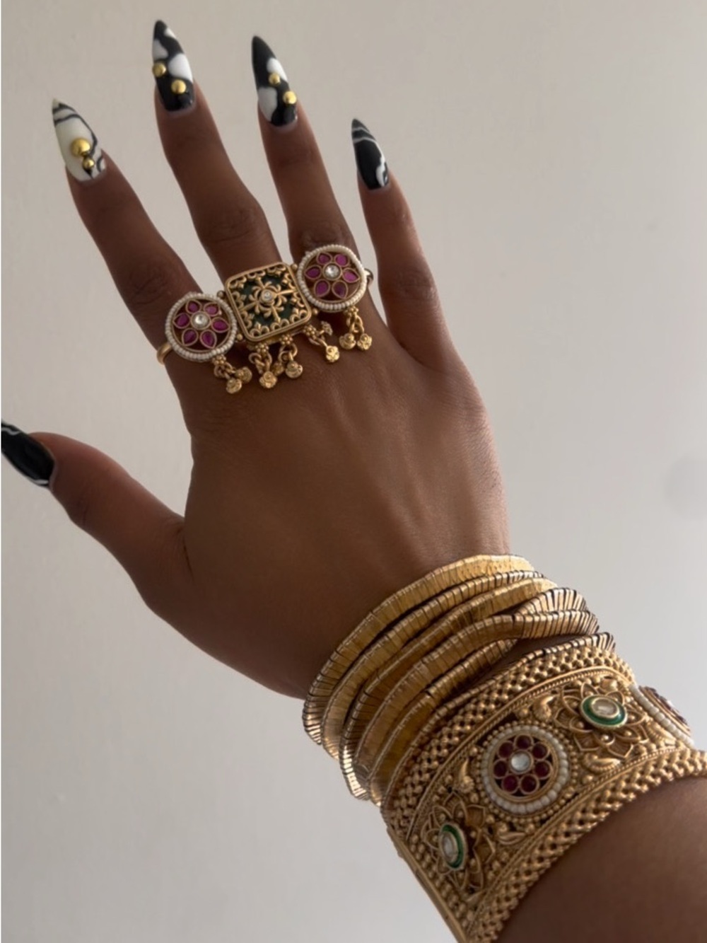 Gold-Tone Traditional Kundan Ring with Pink and Green Accents